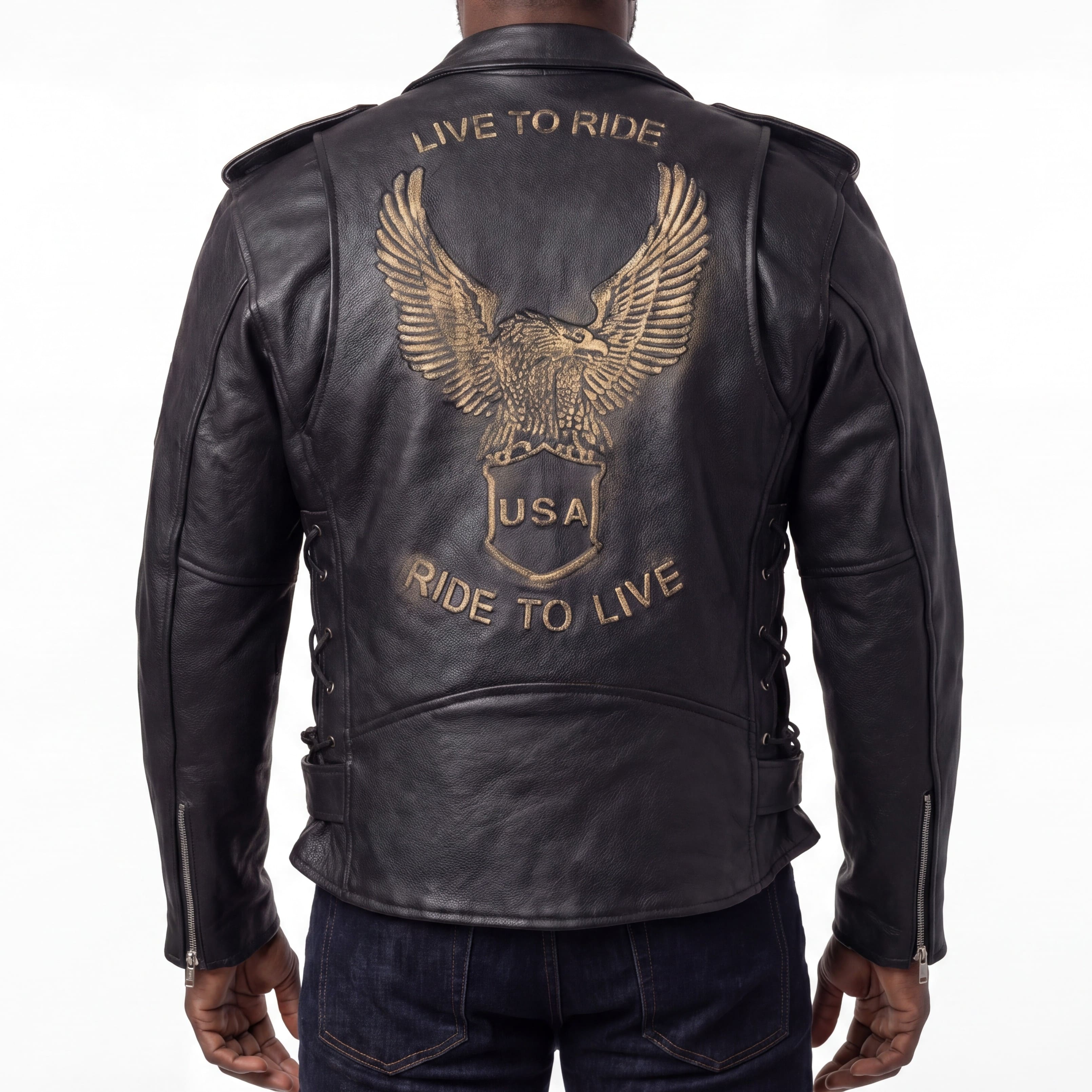 HMM525 - Mens Eagle Embossed Live To Ride - Ride To Live Classic Black Leather Motorcycle Jacket - Gold back