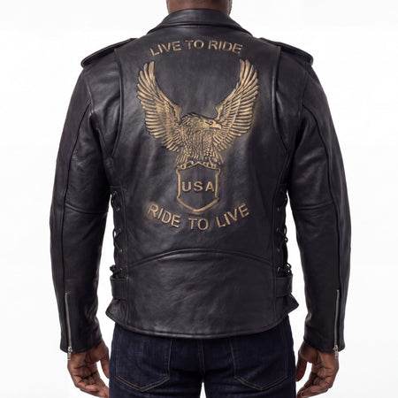 HMM525 - Mens Eagle Embossed Live To Ride - Ride To Live Classic Black Leather Motorcycle Jacket - Gold back