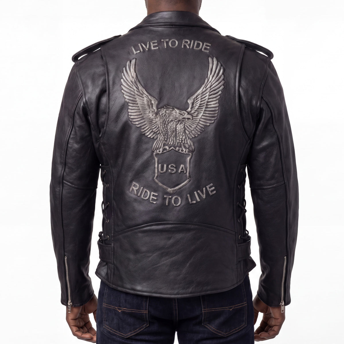 HMM525 - Mens Eagle Embossed Live To Ride - Ride To Live Classic Black Leather Motorcycle Jacket - silver back