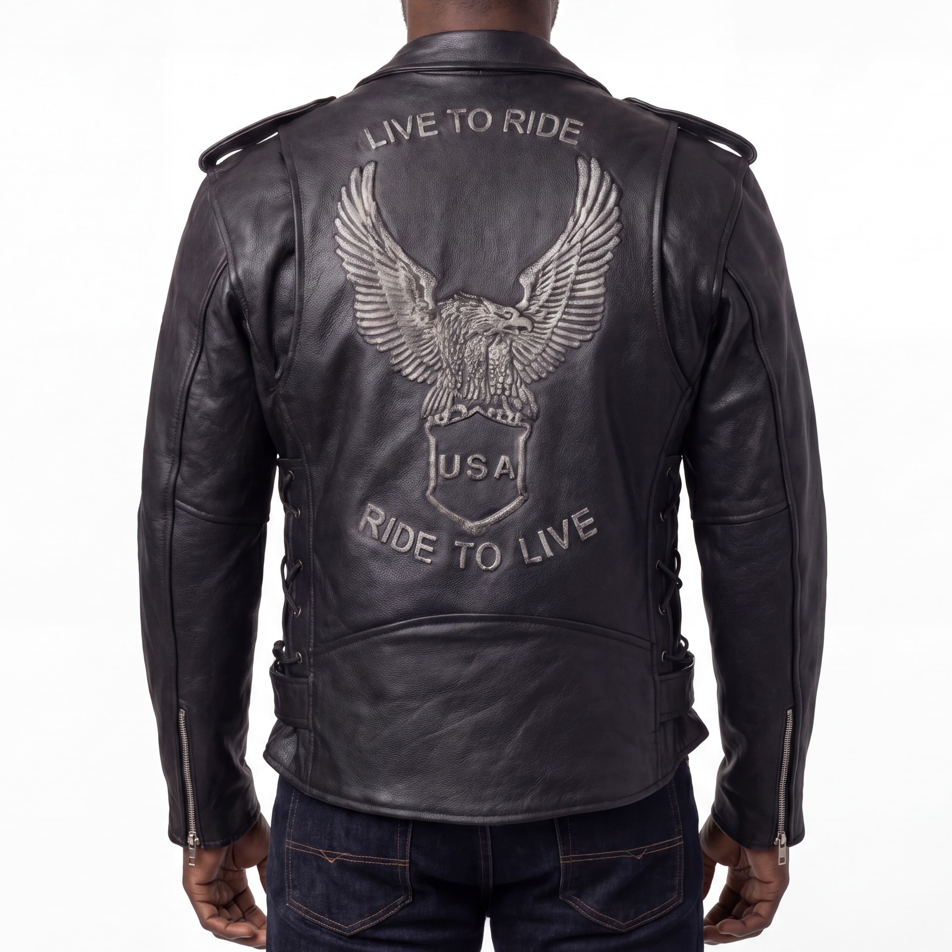 HMM525 - Mens Eagle Embossed Live To Ride - Ride To Live Classic Black Leather Motorcycle Jacket - silver back