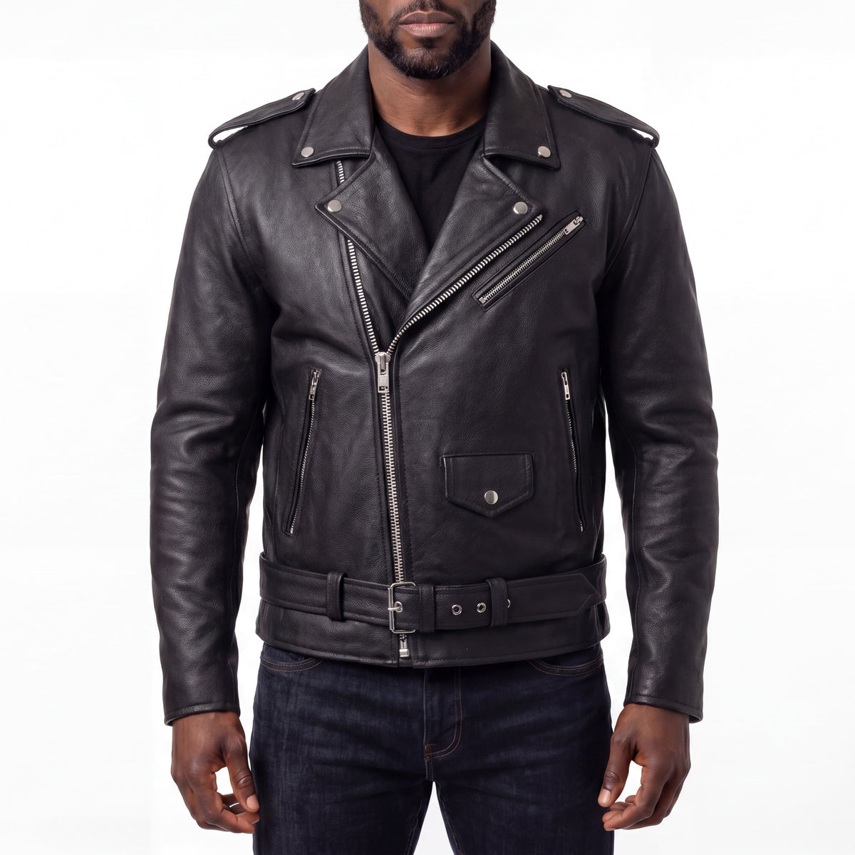HMM525 - Mens Eagle Embossed Live To Ride - Ride To Live Classic Black Leather Motorcycle Jacket - front