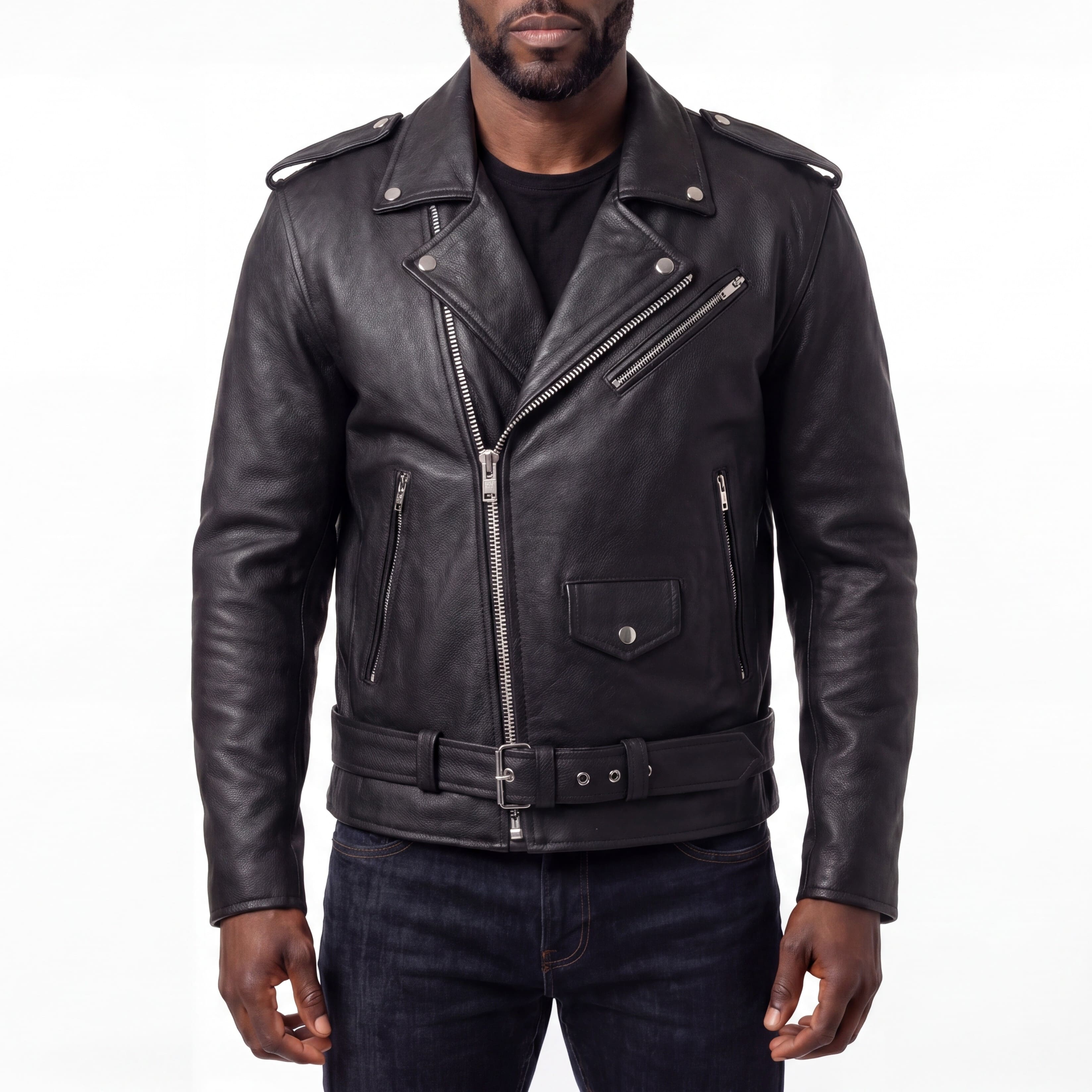 HMM525 - Mens Eagle Embossed Live To Ride - Ride To Live Classic Black Leather Motorcycle Jacket - front