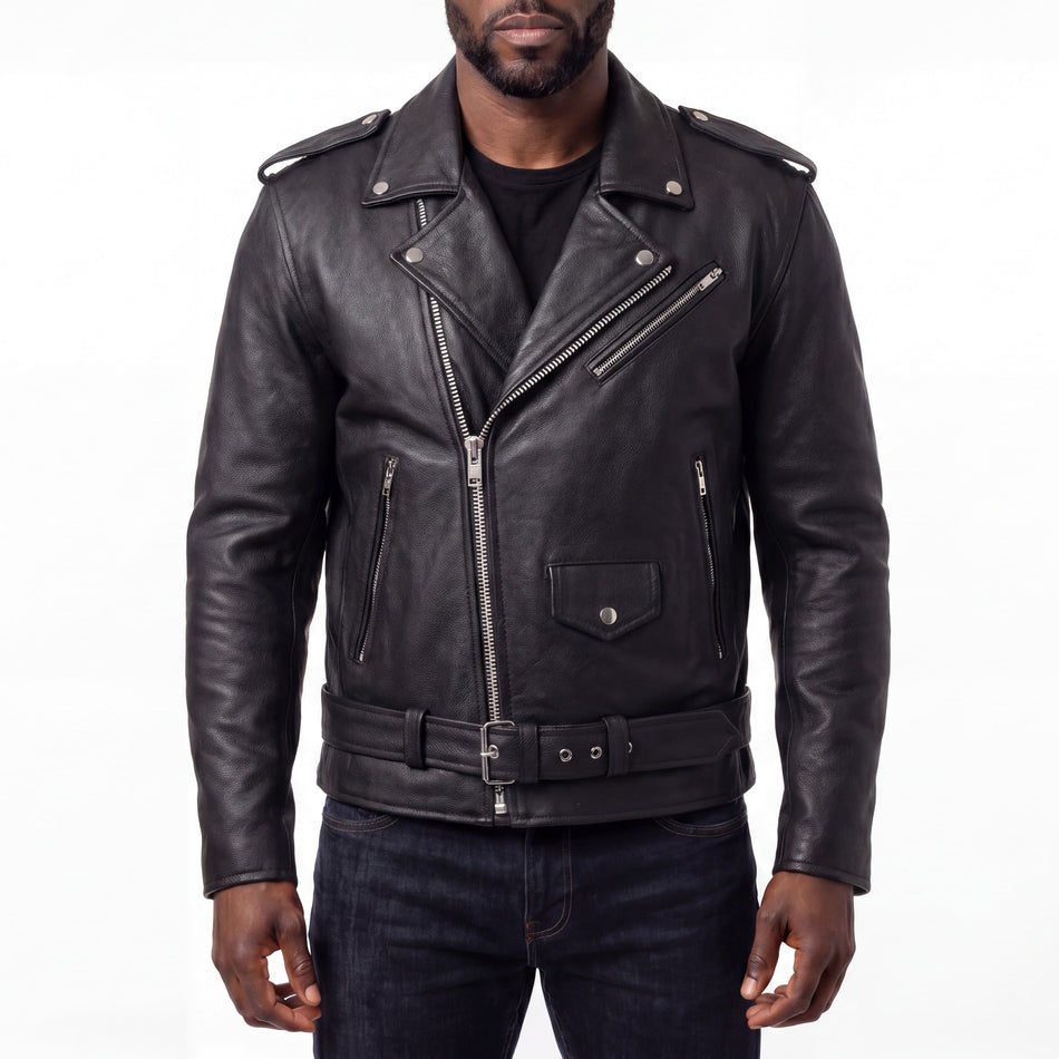 HMM525 - Mens Eagle Embossed Live To Ride - Ride To Live Classic Black Leather Motorcycle Jacket - front