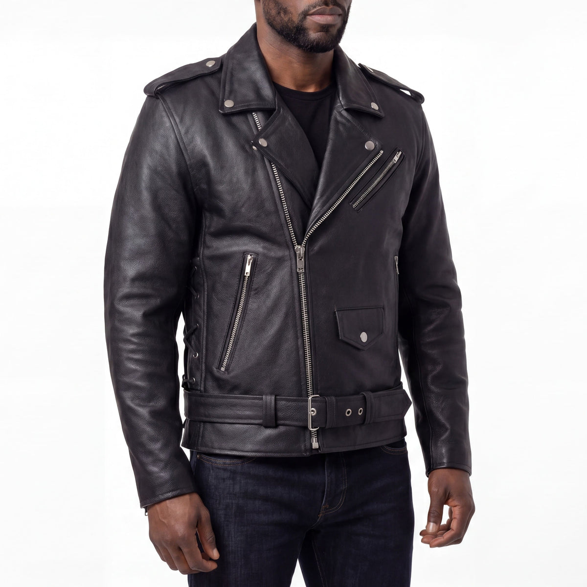 HMM525 - Mens Eagle Embossed Live To Ride - Ride To Live Classic Black Leather Motorcycle Jacket - side