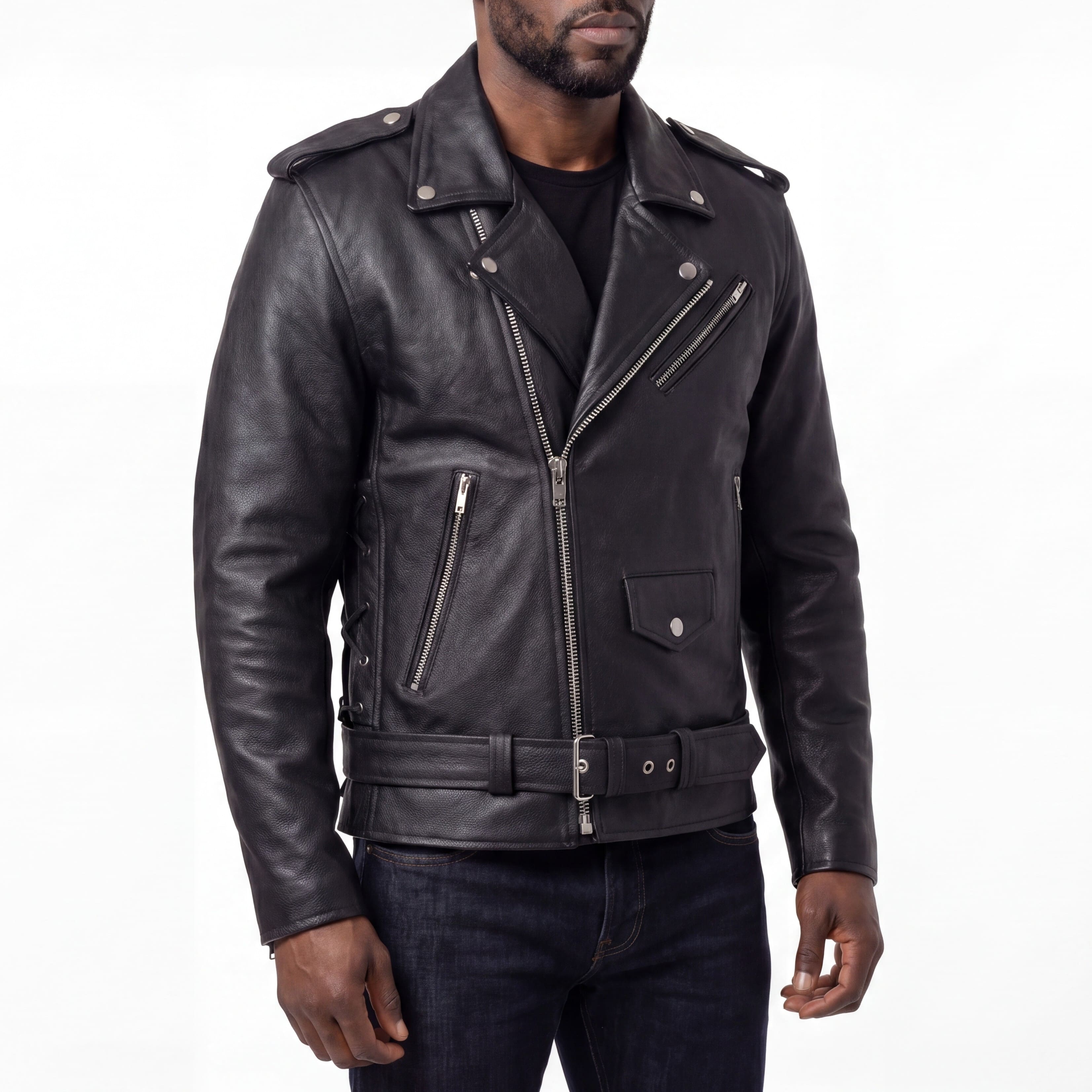 HMM525 - Mens Eagle Embossed Live To Ride - Ride To Live Classic Black Leather Motorcycle Jacket - side