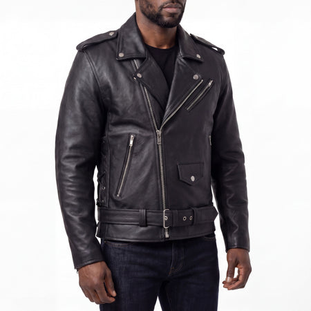 HMM525 - Mens Eagle Embossed Live To Ride - Ride To Live Classic Black Leather Motorcycle Jacket - side