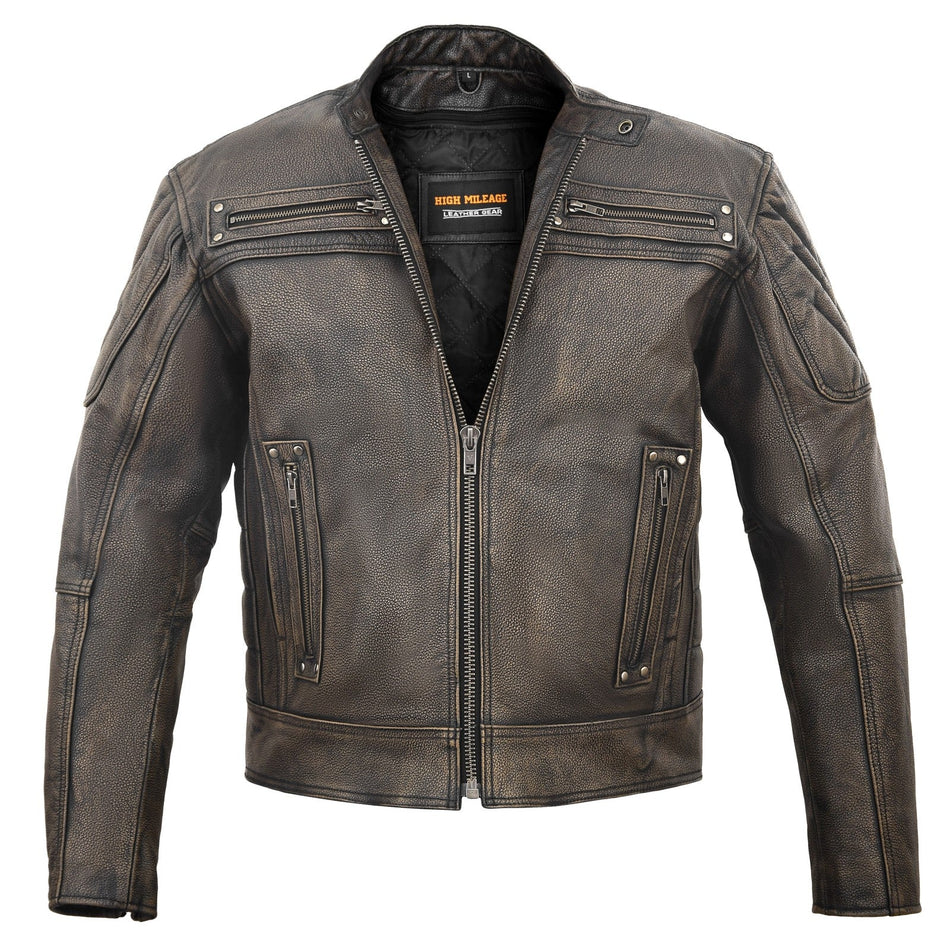 High Mileage HMM542DB Men's Distressed Brown Premium Cowhide Vented and Padded Biker Scooter Jacket