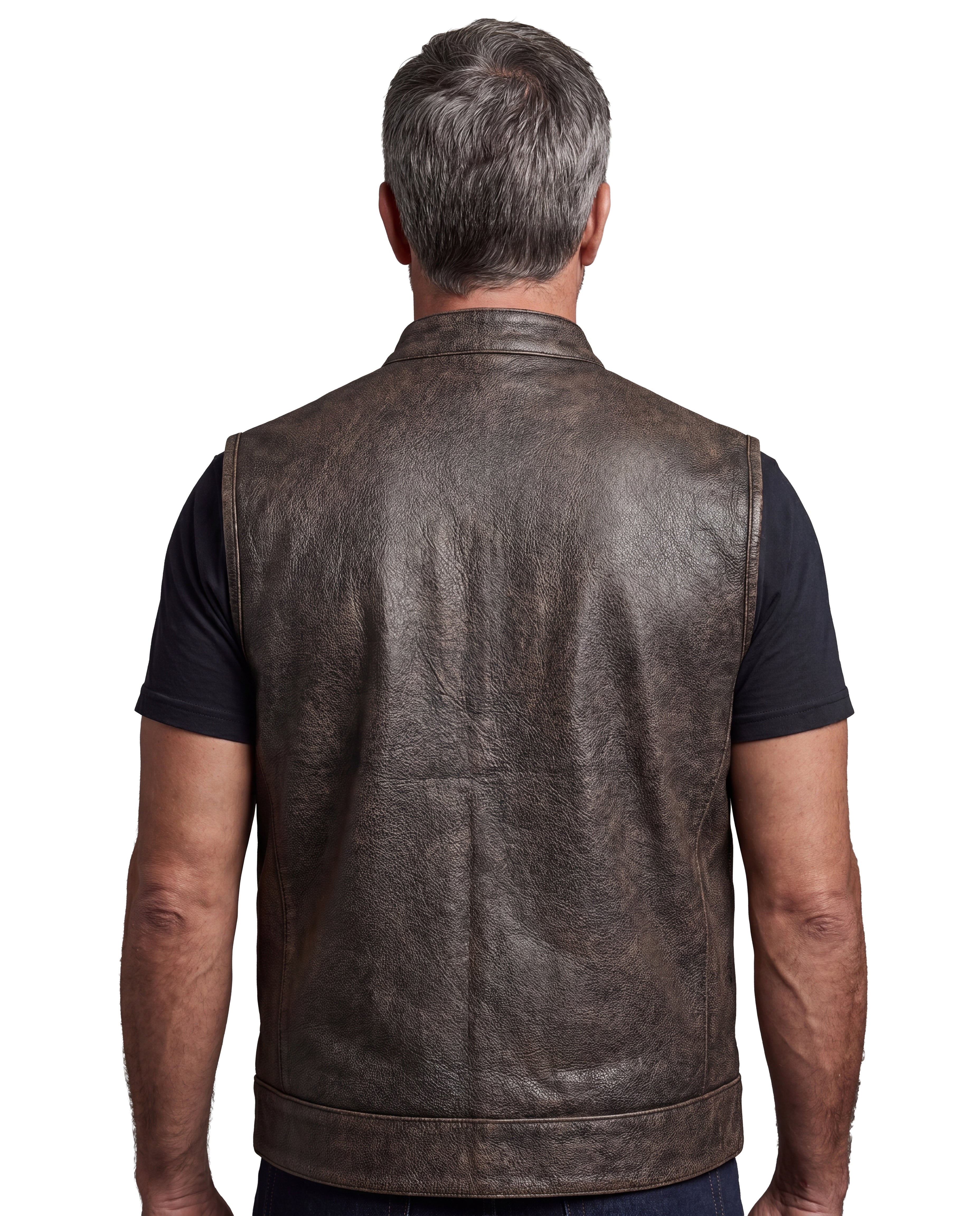 High Mileage Mens Premium Cowhide Distressed Brown SOA Style Biker Club Leather Motorcycle Vest back pose