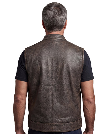 High Mileage Mens Premium Cowhide Distressed Brown SOA Style Biker Club Leather Motorcycle Vest back pose