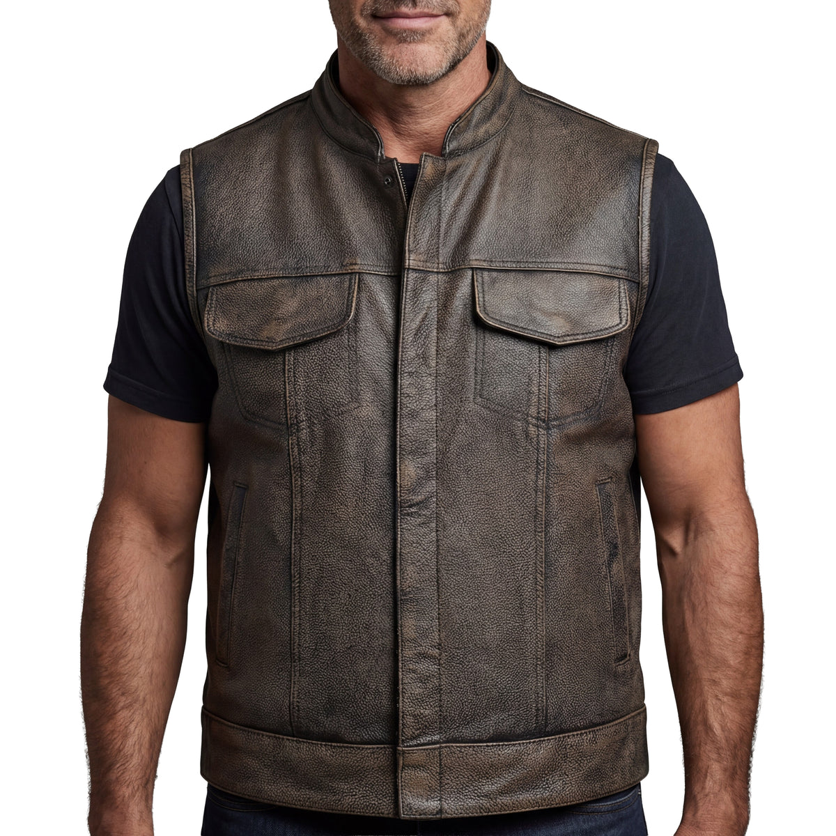 High Mileage Mens Premium Cowhide Distressed Brown SOA Style Biker Club Leather Motorcycle Vest - front pose