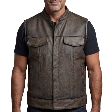 High Mileage Mens Premium Cowhide Distressed Brown SOA Style Biker Club Leather Motorcycle Vest - front pose