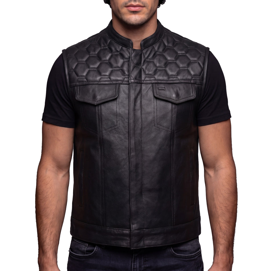 High Mileage HMM914P Mens Zipper and Snap Closure Leather Club Vest with Quick Access & American Flag Liner