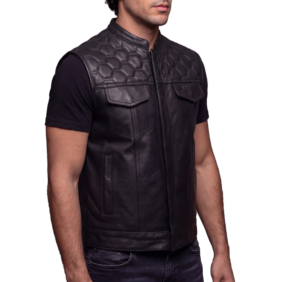High Mileage HMM914P Mens Zipper and Snap Closure Leather Club Vest with Quick Access & American Flag Liner
