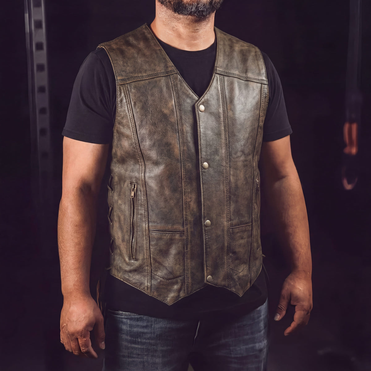 High HMM915DB Mens Distressed Brown Premium Cowhide Ten Pocket Leather Motorcycle Vest pic