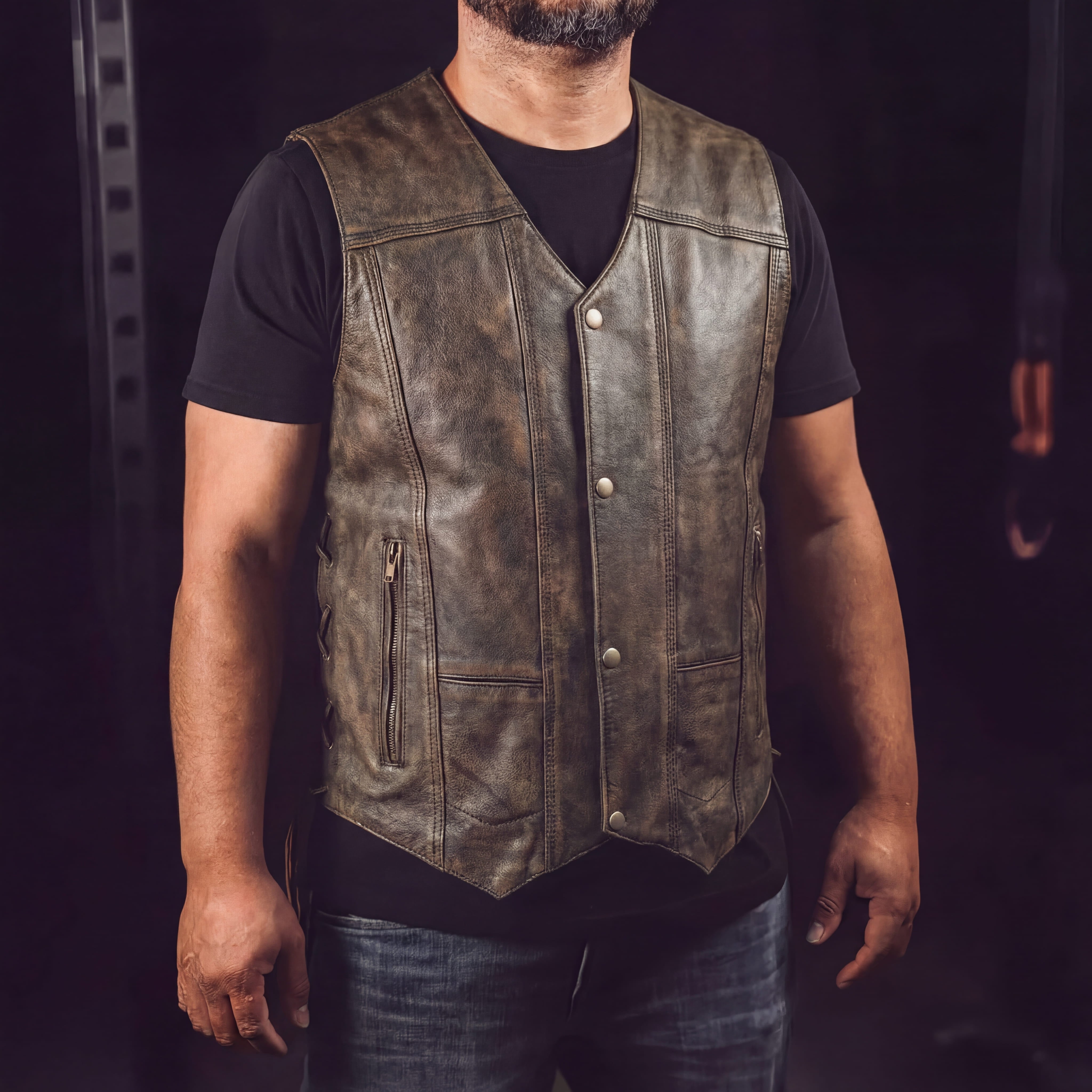 High HMM915DB Mens Distressed Brown Premium Cowhide Ten Pocket Leather Motorcycle Vest pic
