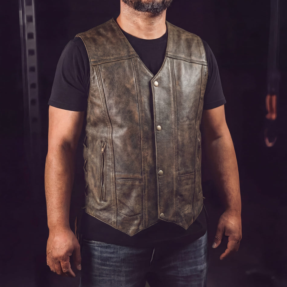 High HMM915DB Mens Distressed Brown Premium Cowhide Ten Pocket Leather Motorcycle Vest pic