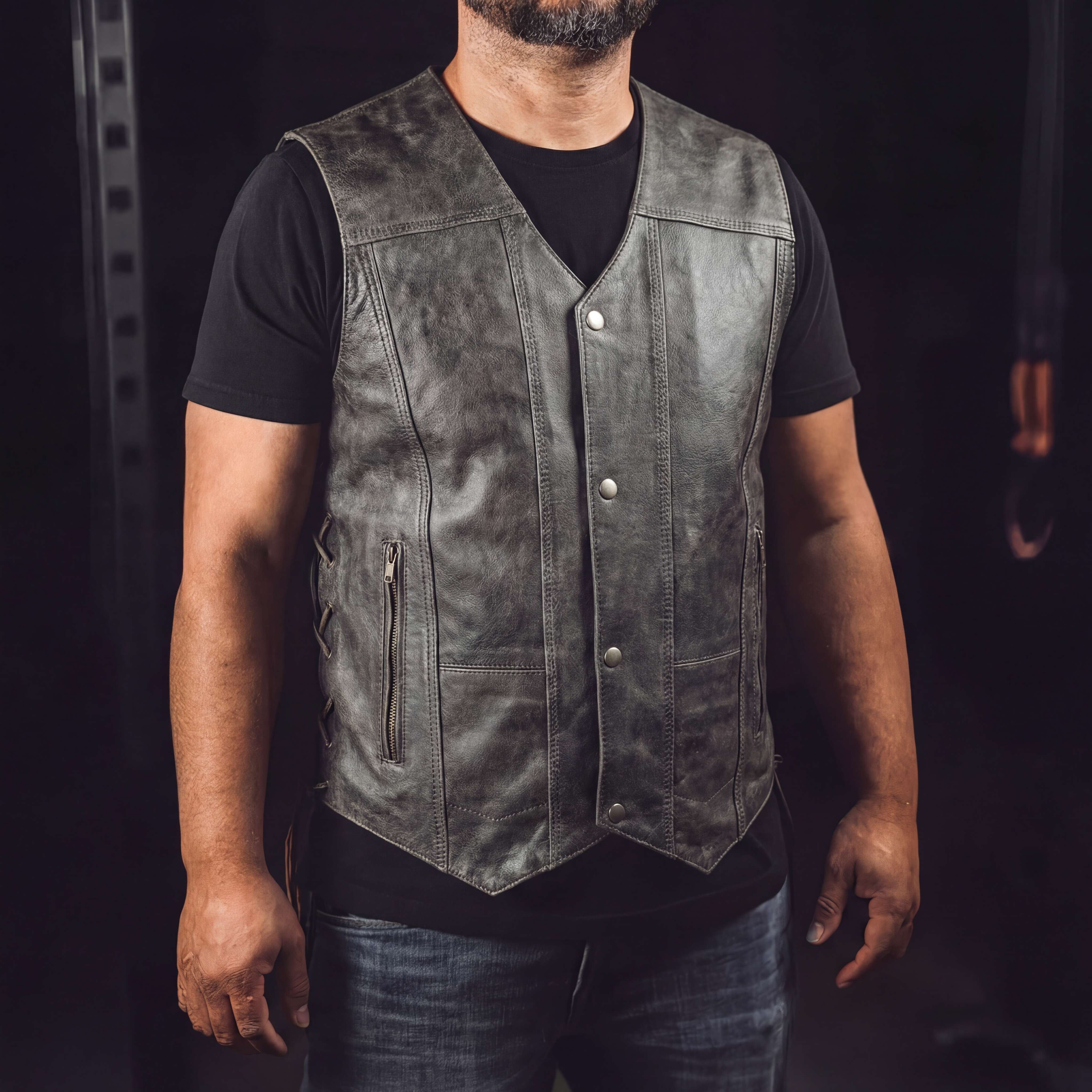 High Mileage Men's Distressed Gray Premium Cowhide Ten Pocket Leather Motorcycle Vest