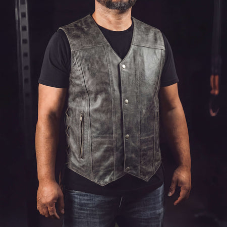 High Mileage Men's Distressed Gray Premium Cowhide Ten Pocket Leather Motorcycle Vest