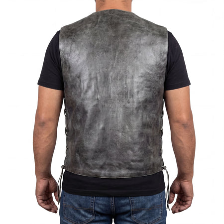 High Mileage Men's Distressed Gray Premium Cowhide Ten Pocket Leather Motorcycle Vest back pose