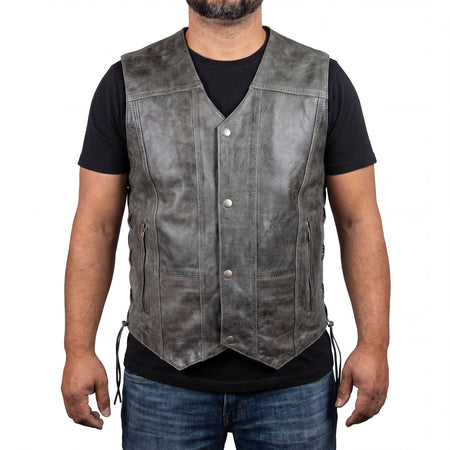 High Mileage Men's Distressed Gray Premium Cowhide Ten Pocket Leather Motorcycle Vest front pose