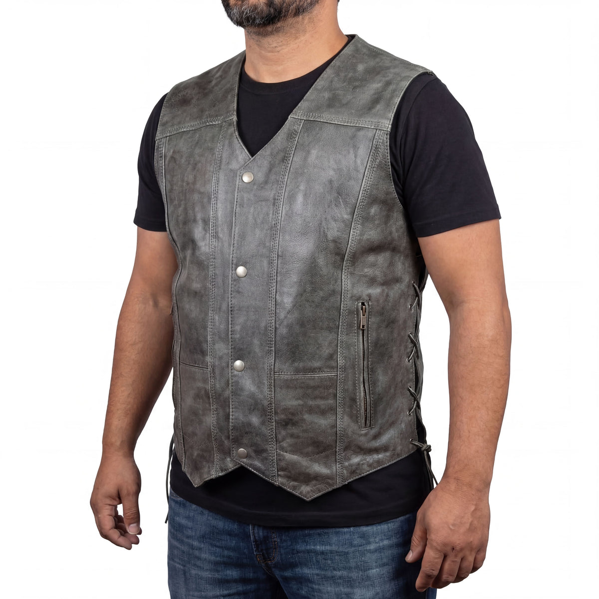 High Mileage Men's Distressed Gray Premium Cowhide Ten Pocket Leather Motorcycle Vest side pose