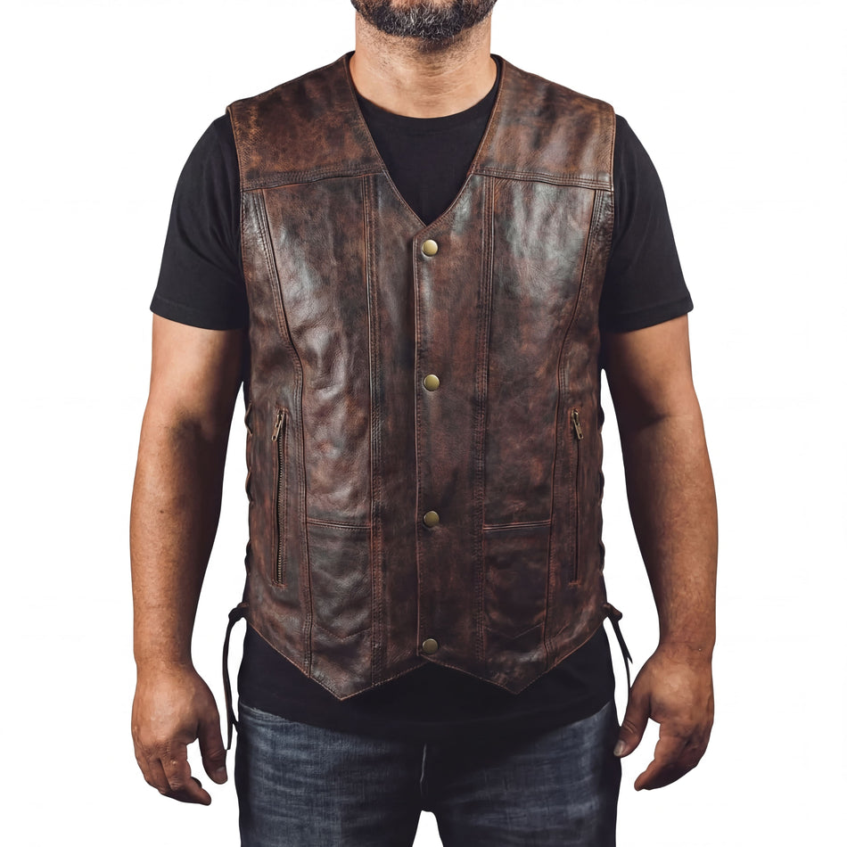 High Mileage HMM915VB Mens Vintage Brown Premium Cowhide Ten Pocket Leather Motorcycle Vest