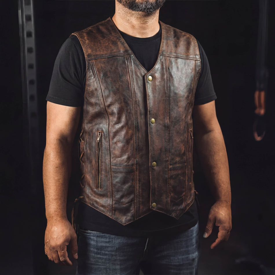 High Mileage HMM915VB Mens Vintage Brown Premium Cowhide Ten Pocket Leather Motorcycle Vest