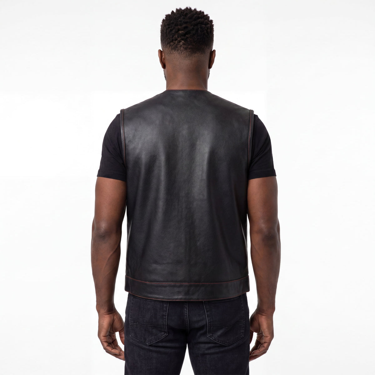 High Mileage Men's Black Premium Cowhide Leather SOA Style Club Vest With Quick Access Conceal Carry Pocket and Red Liner back pose