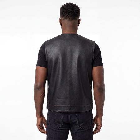 High Mileage Men's Black Premium Cowhide Leather SOA Style Club Vest With Quick Access Conceal Carry Pocket and Red Liner back pose