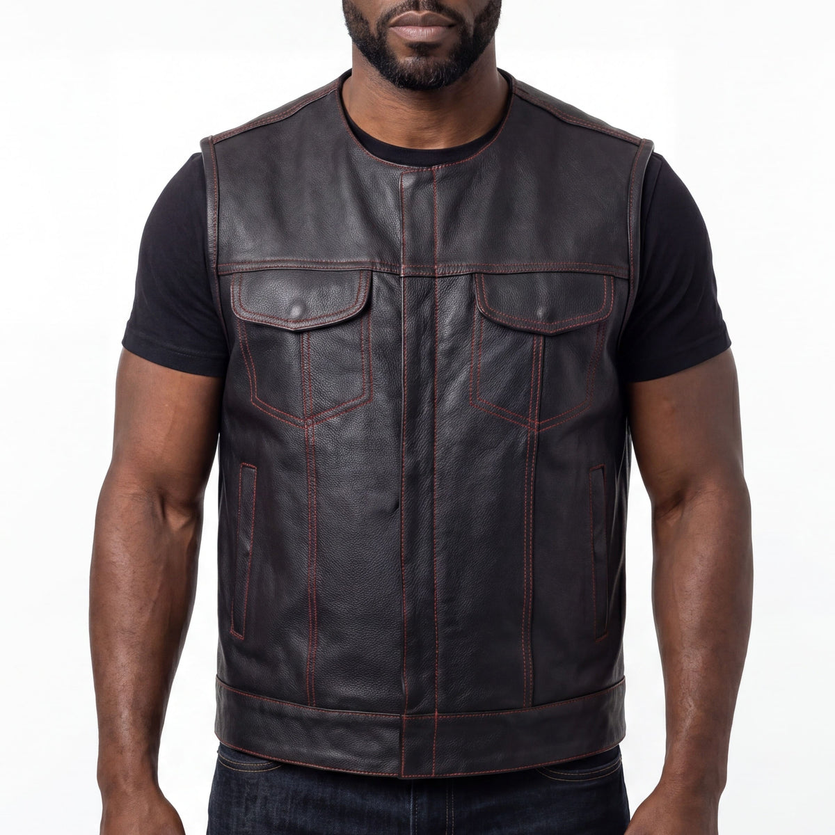 High Mileage Men's Black Premium Cowhide Leather SOA Style Club Vest With Quick Access Conceal Carry Pocket and Red Liner front pose