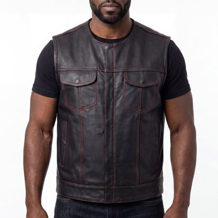High Mileage Men's Black Premium Cowhide Leather SOA Style Club Vest With Quick Access Conceal Carry Pocket and Red Liner front pose