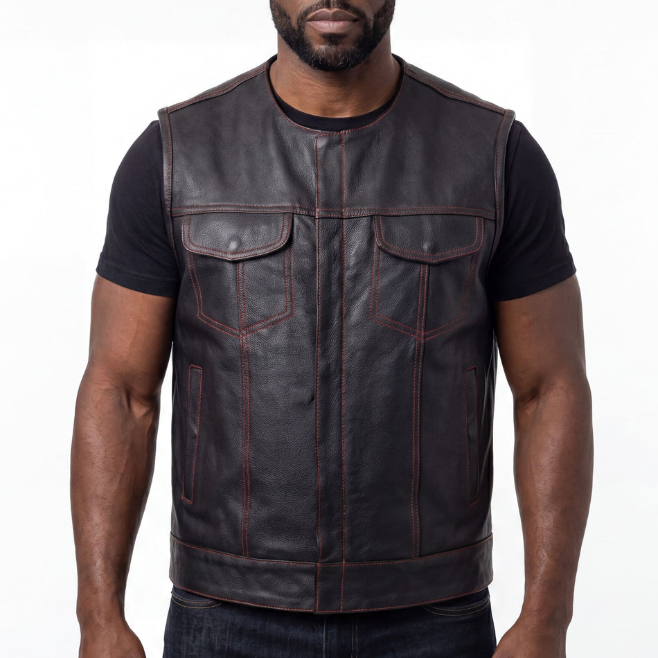 High Mileage Men's Black Premium Cowhide Leather SOA Style Club Vest With Quick Access Conceal Carry Pocket and Red Liner front pose