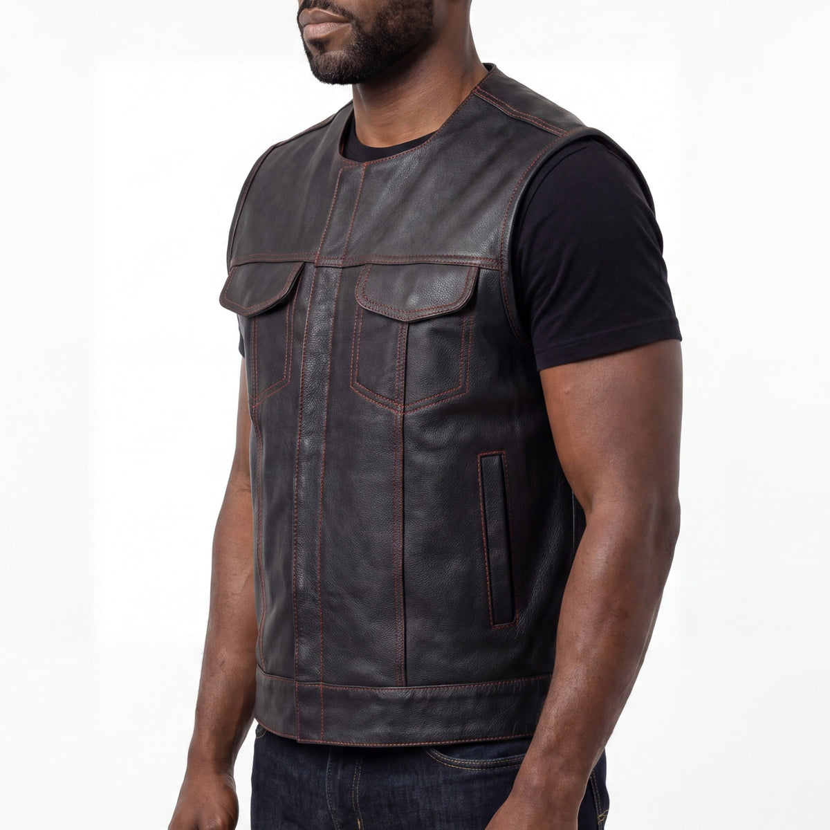High Mileage Men's Black Premium Cowhide Leather SOA Style Club Vest With Quick Access Conceal Carry Pocket and Red Liner side pose