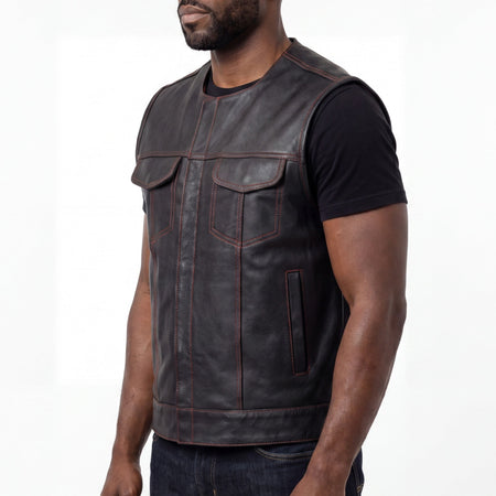 High Mileage Men's Black Premium Cowhide Leather SOA Style Club Vest With Quick Access Conceal Carry Pocket and Red Liner side pose