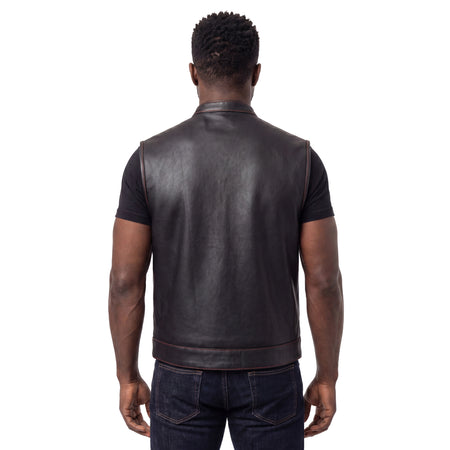 High Mileage Men's Zipper and Snap Closure Collarless Leather Club Vest with American Flag Liner and Red Stitching Back Pose