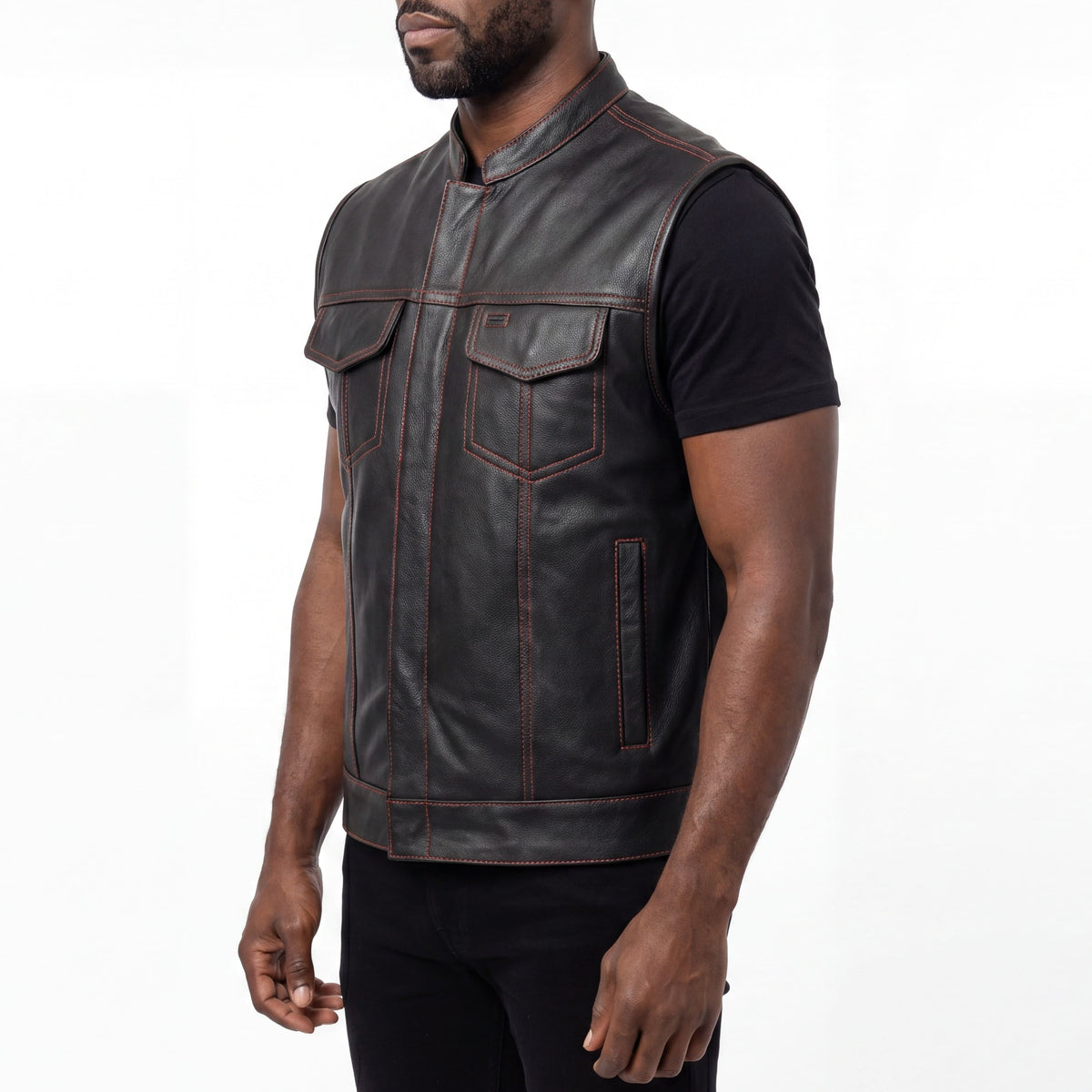 High Mileage Men's Zipper and Snap Closure Collarless Leather Club Vest with American Flag Liner and Red Stitching Side Pose