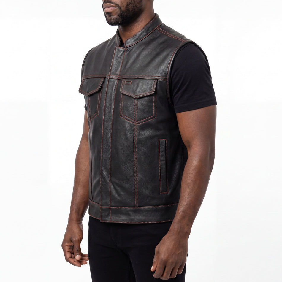 High Mileage Men's Zipper and Snap Closure Collarless Leather Club Vest with American Flag Liner and Red Stitching Side Pose