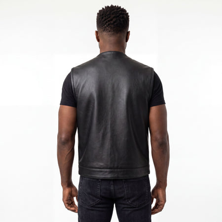 High Mileage Mens Zipper and Snap Closure Collarless Club Vest with American Flag Liner - back pose