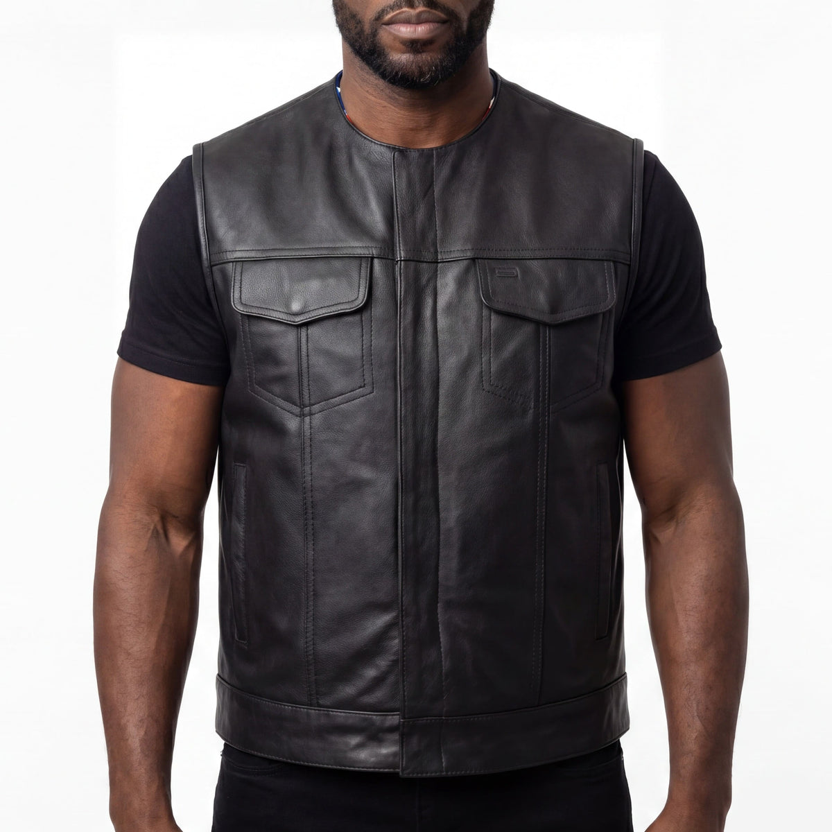 High Mileage Mens Zipper and Snap Closure Collarless Club Vest with American Flag Liner - front pose