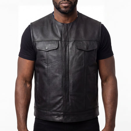 High Mileage Mens Zipper and Snap Closure Collarless Club Vest with American Flag Liner - front pose