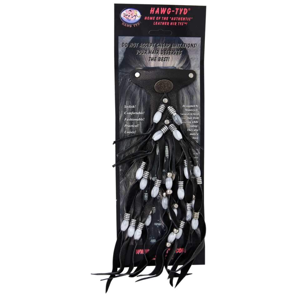 HTWhiteMarble "Hawg Tyd" The Authentic Leather Hair TYS - WhiteMarble Beads