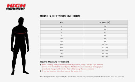 High Mileage HMM919 Mens Black Premium Cowhide Leather SOA Style Club Vest With Quick Access Conceal Carry Pocket - Sizechart