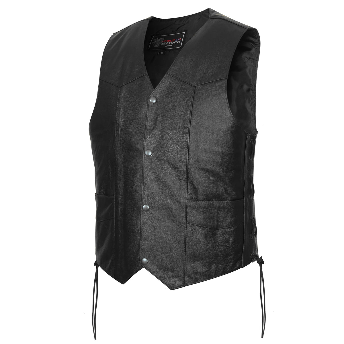 Vance Kids Black Cowhide Leather Side Lace Motorcycle Biker Vest - side
