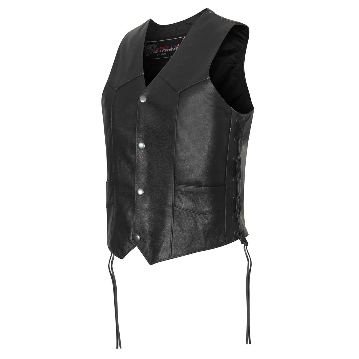 Angled view of Vance cowhide leather biker vest showing V-neck, Western yoke, and side laces