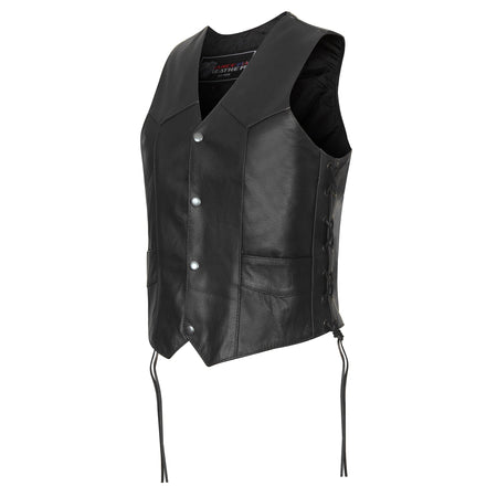 Angled view of Vance cowhide leather biker vest showing V-neck, Western yoke, and side laces