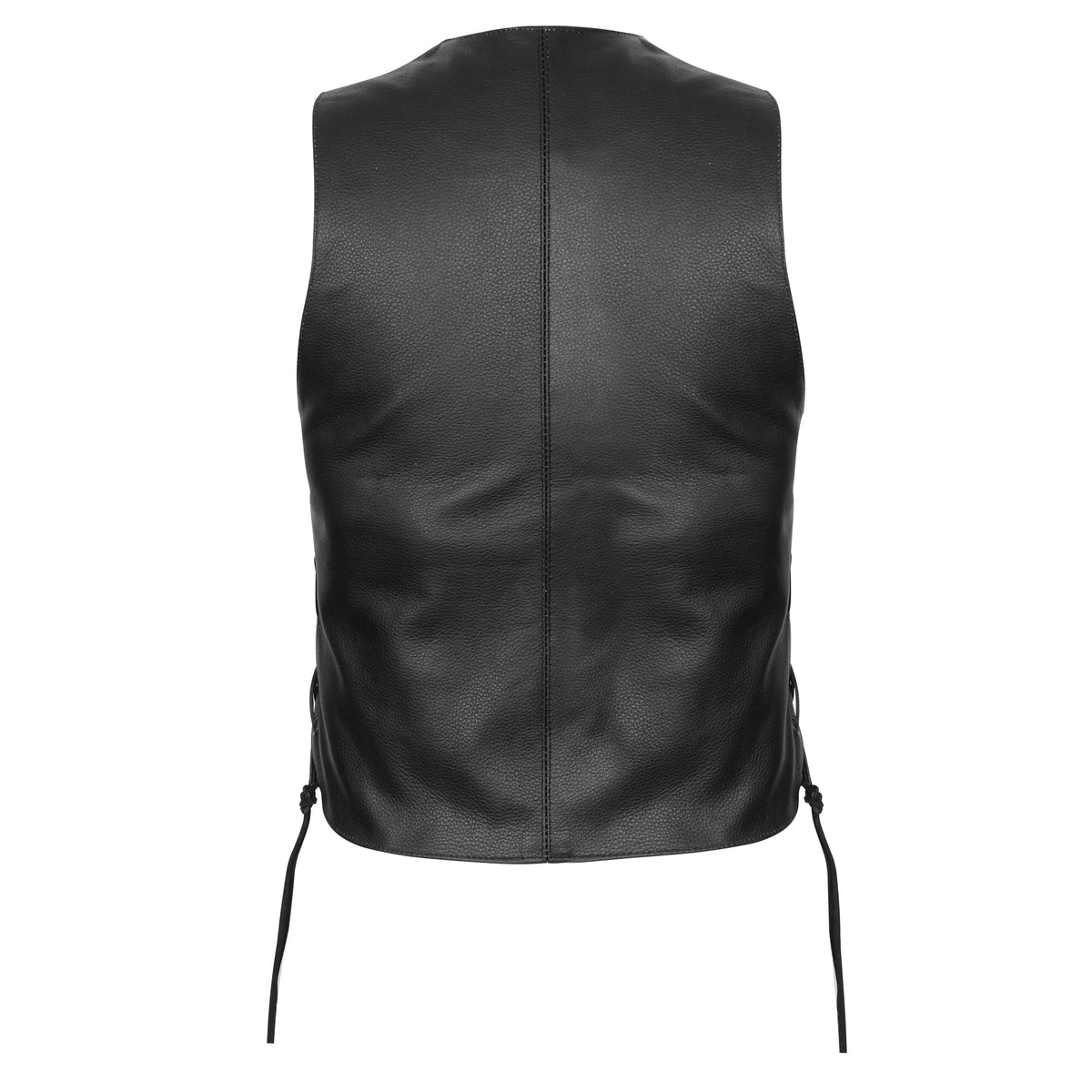 Back view of Vance side lace cowhide leather vest showing clean back panel for motorcycle patches