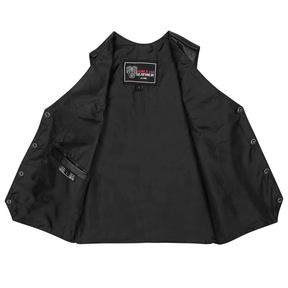 Interior polyester lining and inside storage pocket of Vance youth cowhide leather vest