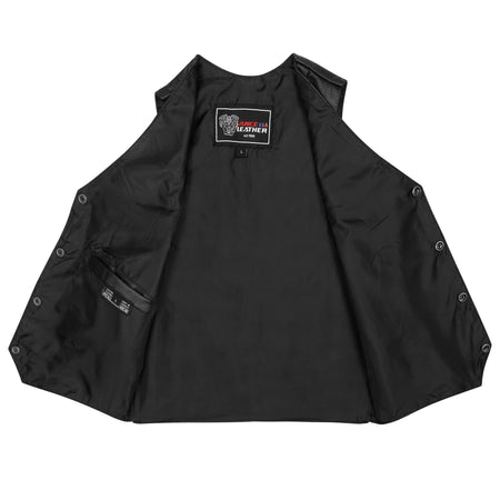 Interior polyester lining and inside storage pocket of Vance youth cowhide leather vest