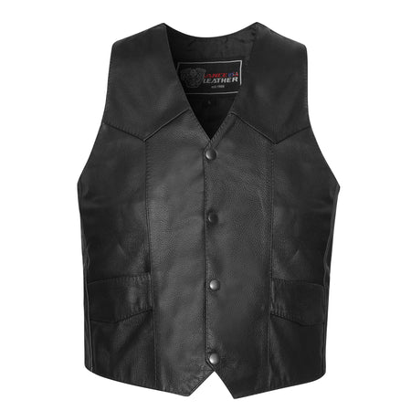 Front view of Vance Kids Cowhide Leather Plain Side Motorcycle Vest with 4-snap closure
