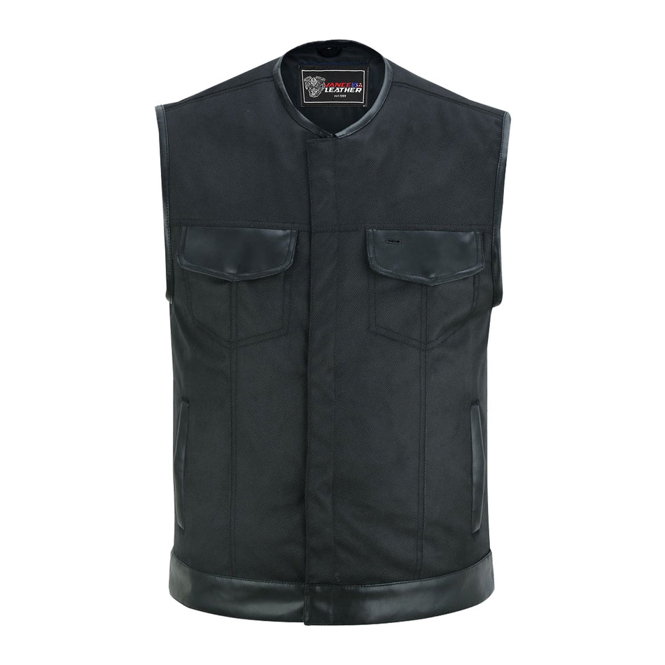 VL1919L - Men's Premium Black Textile Collarless Motorcycle Club Vest with Leather Trims